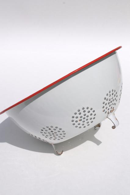 photo of vintage enamelware, red trim white enamel colander strainer bowl & roasting pan #9