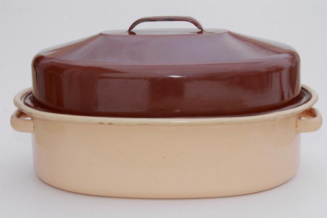 photo of vintage enamelware roasting pan, big old brown & tan enamel turkey roaster  #3