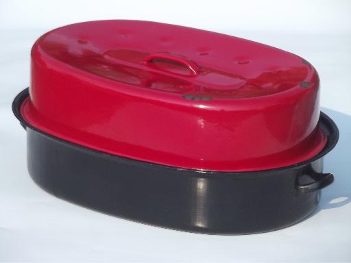 photo of vintage enamelware roasting pan, huge red & black roaster for turkey or goose  #1