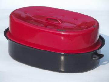 catalog photo of vintage enamelware roasting pan, huge red & black roaster for turkey or goose 