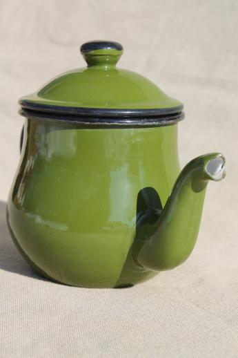 photo of vintage enamelware teapot, little green enamel pot for a cup or two of tea #2