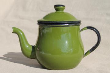 catalog photo of vintage enamelware teapot, little green enamel pot for a cup or two of tea