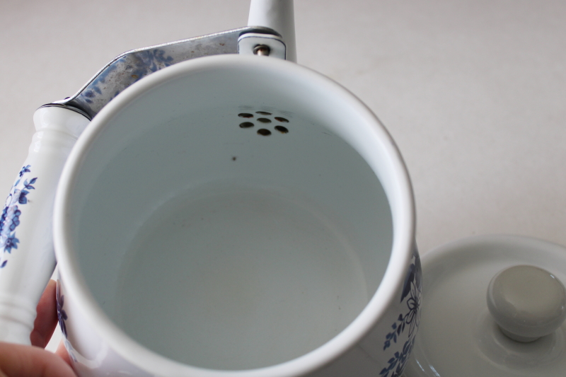 photo of vintage enamelware teapot tea kettle cottage floral print blue & white enamel metal #3
