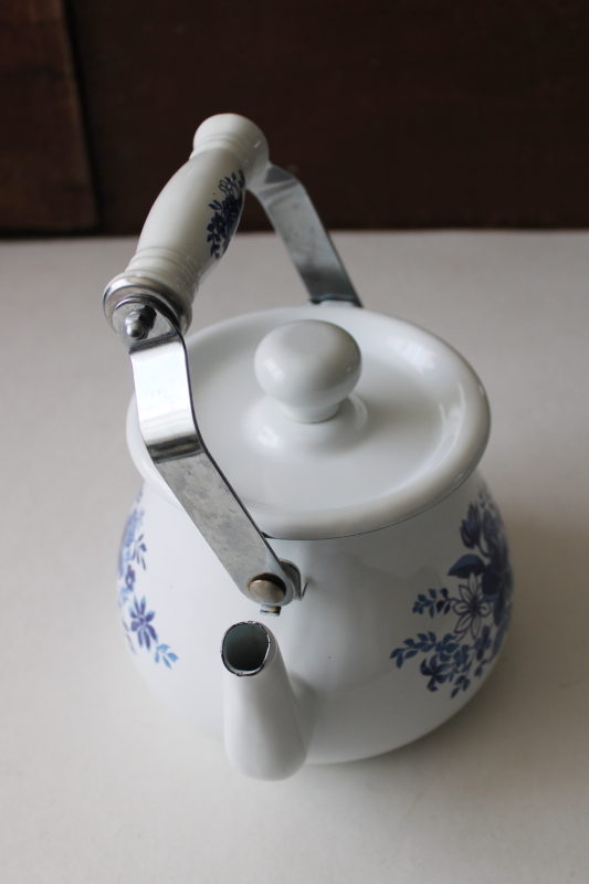 photo of vintage enamelware teapot tea kettle cottage floral print blue & white enamel metal #5