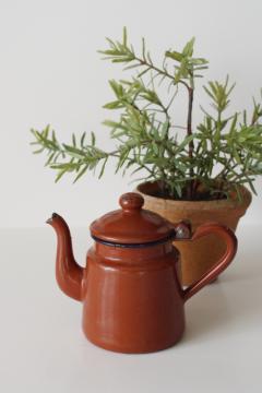 catalog photo of vintage enamelware tiny one cup teapot metal pot w/ hinged lid, rustic cottagecore kitchen 