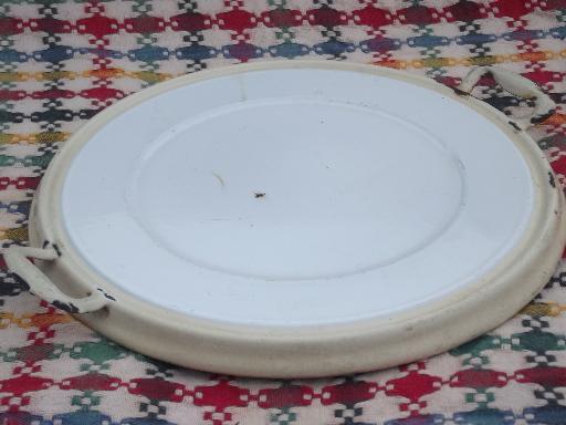 photo of vintage enamelware tray, round trivet w/ handles old cream and white enamel #2