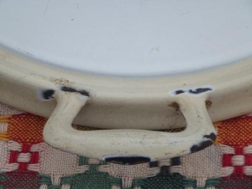 photo of vintage enamelware tray, round trivet w/ handles old cream and white enamel #4