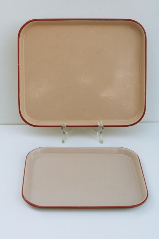 photo of vintage enamelware trays, heavy steel with red trim, pink tan enamel large & small tray  #1