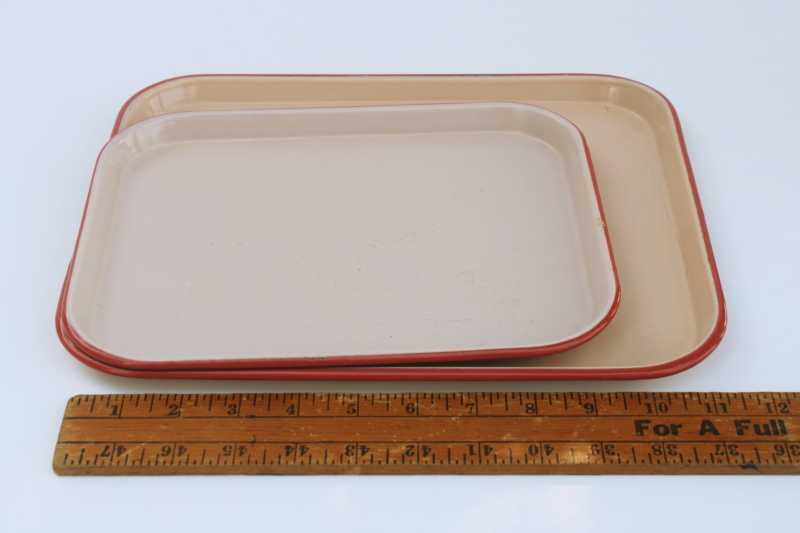 photo of vintage enamelware trays, heavy steel with red trim, pink tan enamel large & small tray  #4