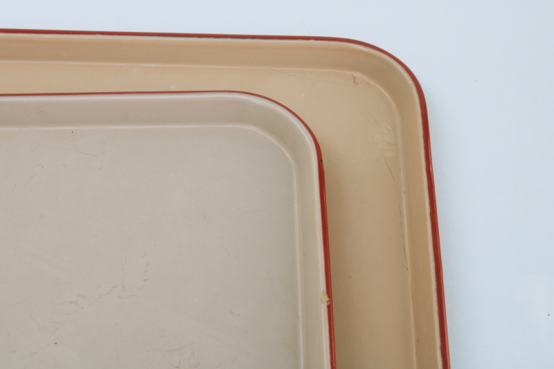 photo of vintage enamelware trays, heavy steel with red trim, pink tan enamel large & small tray  #5