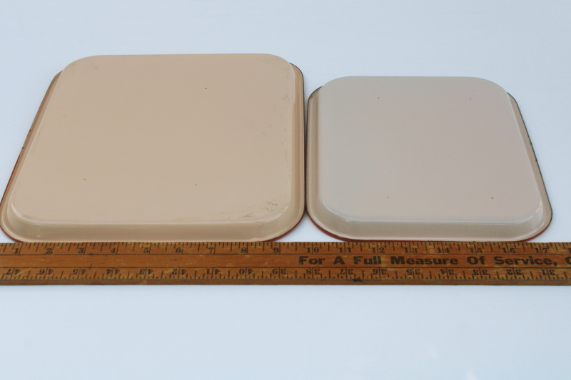 photo of vintage enamelware trays, heavy steel with red trim, pink tan enamel large & small tray  #6