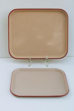 catalog photo of vintage enamelware trays, heavy steel with red trim, pink tan enamel large & small tray 