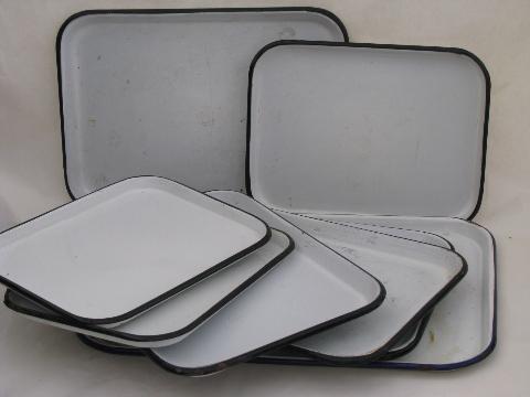 photo of vintage enamelware trays in three different sizes, white w/ black #1