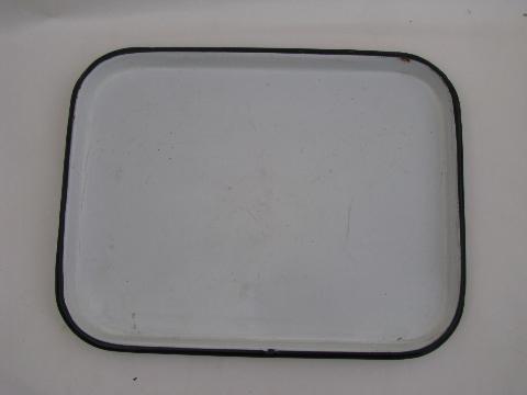 photo of vintage enamelware trays in three different sizes, white w/ black #4