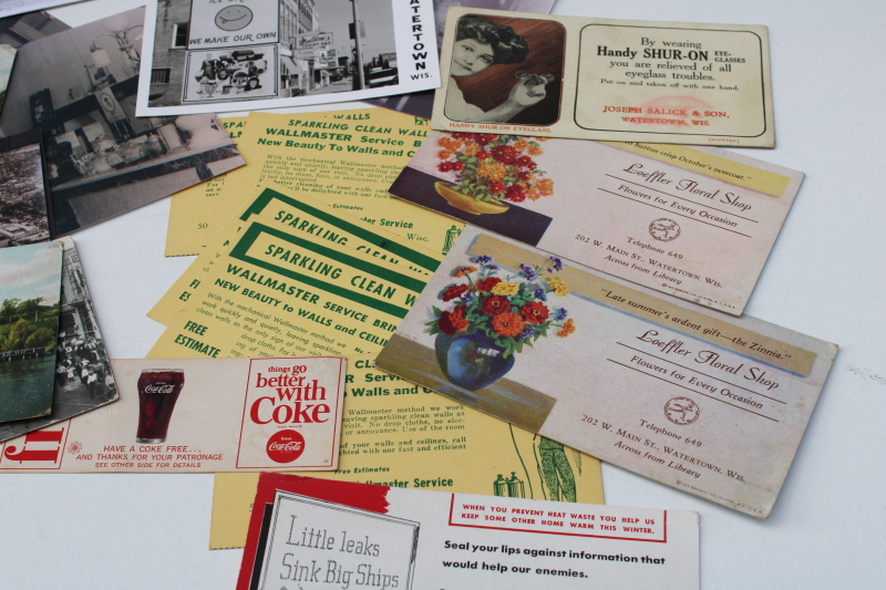 photo of vintage ephemera lot, Watertown Wisconsin postcards, area advertising small businesses  #3