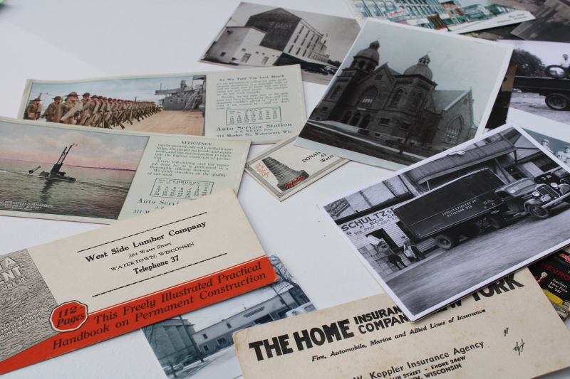 photo of vintage ephemera lot, Watertown Wisconsin postcards, area advertising small businesses  #7