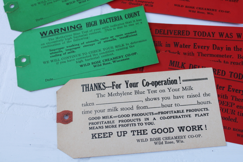 photo of vintage ephemera lot, large hang cards for milk cans dairy farm sample report tickets Wild Rose Wisconsin  #2