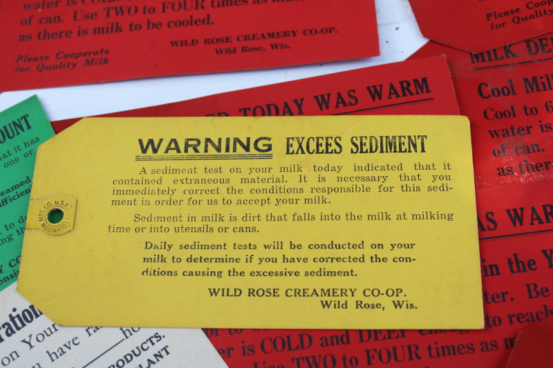 photo of vintage ephemera lot, large hang cards for milk cans dairy farm sample report tickets Wild Rose Wisconsin  #4