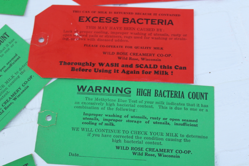 photo of vintage ephemera lot, large hang cards for milk cans dairy farm sample report tickets Wild Rose Wisconsin  #2