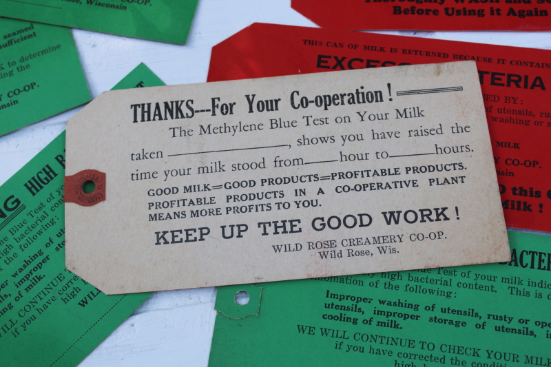photo of vintage ephemera lot, large hang cards for milk cans dairy farm sample report tickets Wild Rose Wisconsin  #3
