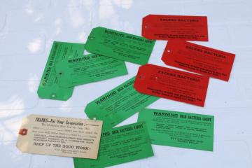 vintage ephemera lot, large hang cards for milk cans dairy farm sample report tickets Wild Rose Wisconsin 