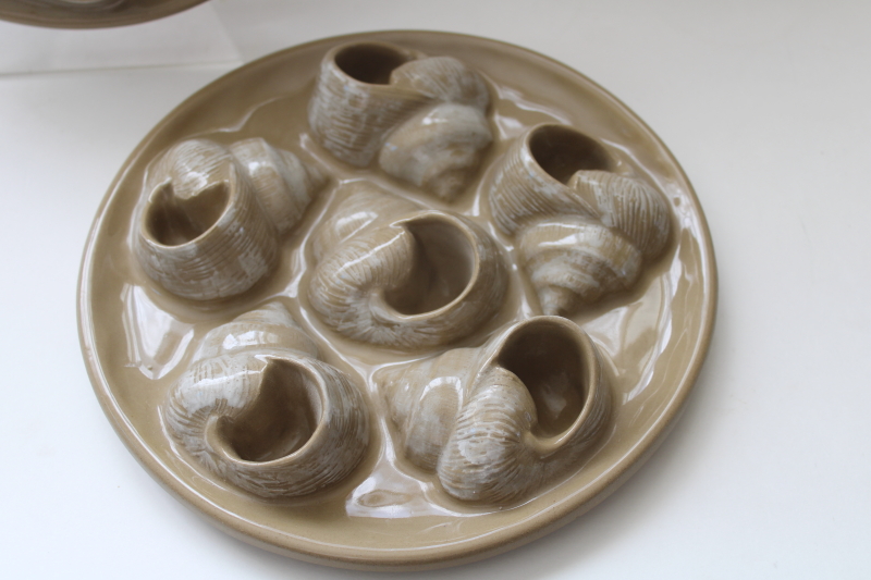 photo of  vintage escargot plates, stoneware trays w/ snail shells for serving snails in the French style  #2