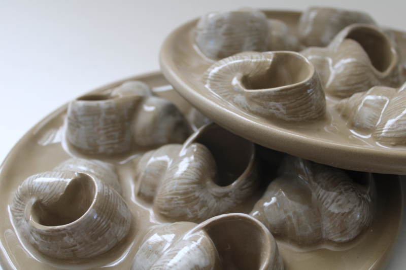 photo of  vintage escargot plates, stoneware trays w/ snail shells for serving snails in the French style  #5