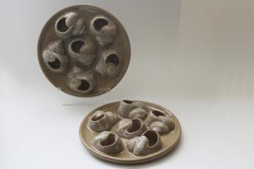  vintage escargot plates, stoneware trays w/ snail shells for serving snails in the French style 