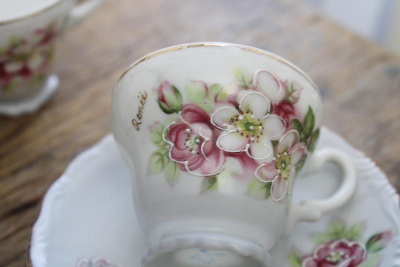 photo of vintage espresso cups & saucers demitasse set, hand painted china w/ apple blossoms  #6