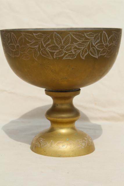 photo of vintage etched brass punch bowl, large chalice shaped pedestal vase or fruit dish #1