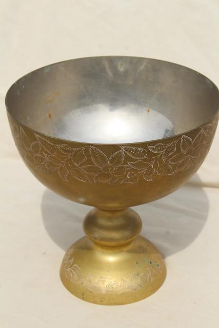 photo of vintage etched brass punch bowl, large chalice shaped pedestal vase or fruit dish #3