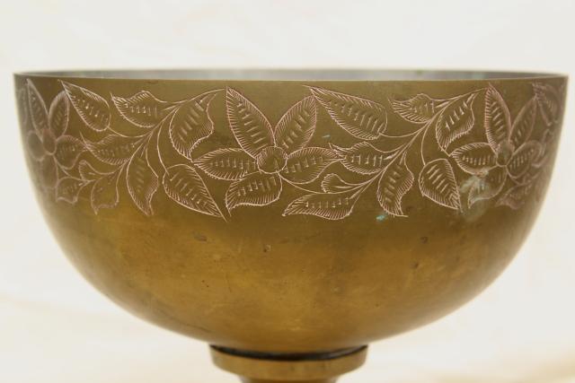 photo of vintage etched brass punch bowl, large chalice shaped pedestal vase or fruit dish #4