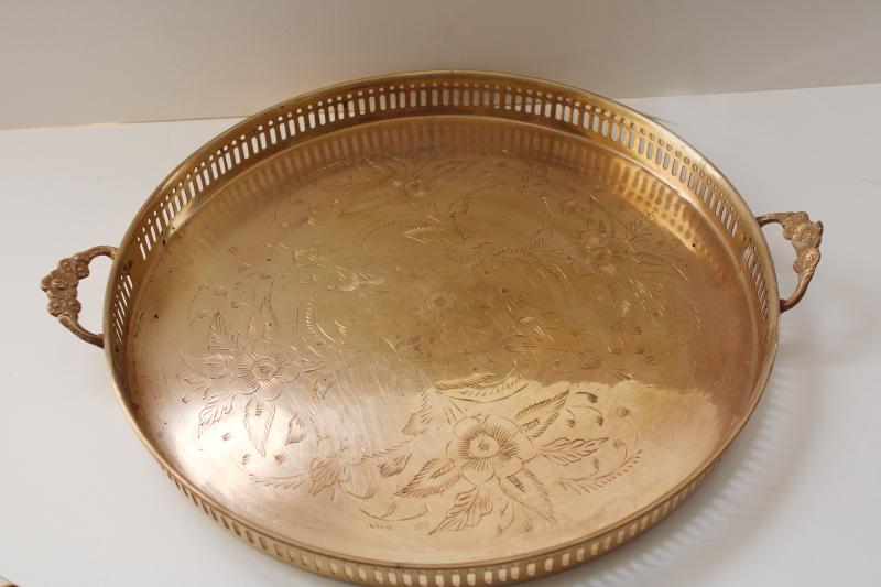 photo of vintage etched brass serving tray, bar cart cocktail tray hollywood regency bohemian style! #1