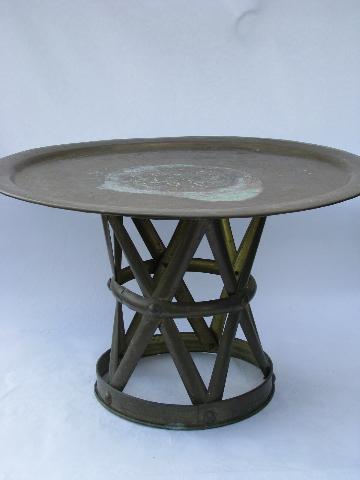 photo of vintage etched brass tray table w/ solid brass campaign stool base, coffee table size #1