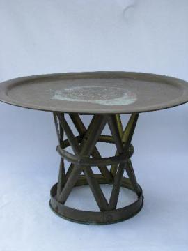 catalog photo of vintage etched brass tray table w/ solid brass campaign stool base, coffee table size