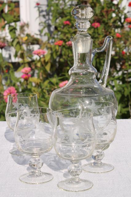 photo of vintage etched cut crystal decanter bottle & cognac brandy glasses set #1