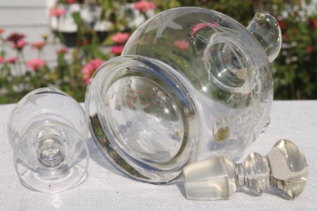 photo of vintage etched cut crystal decanter bottle & cognac brandy glasses set #3