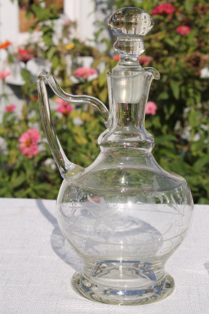 photo of vintage etched cut crystal decanter bottle & cognac brandy glasses set #4