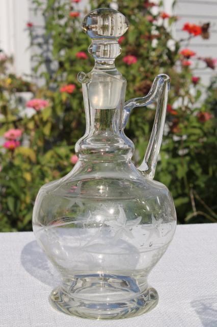 photo of vintage etched cut crystal decanter bottle & cognac brandy glasses set #5