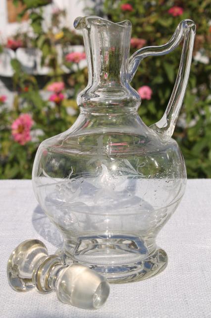 photo of vintage etched cut crystal decanter bottle & cognac brandy glasses set #6