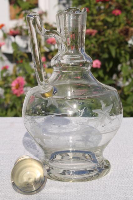 photo of vintage etched cut crystal decanter bottle & cognac brandy glasses set #7