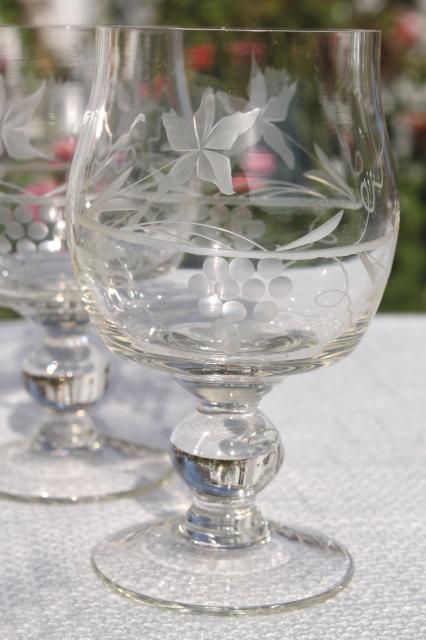 photo of vintage etched cut crystal decanter bottle & cognac brandy glasses set #9