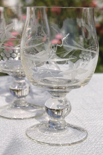 photo of vintage etched cut crystal decanter bottle & cognac brandy glasses set #10