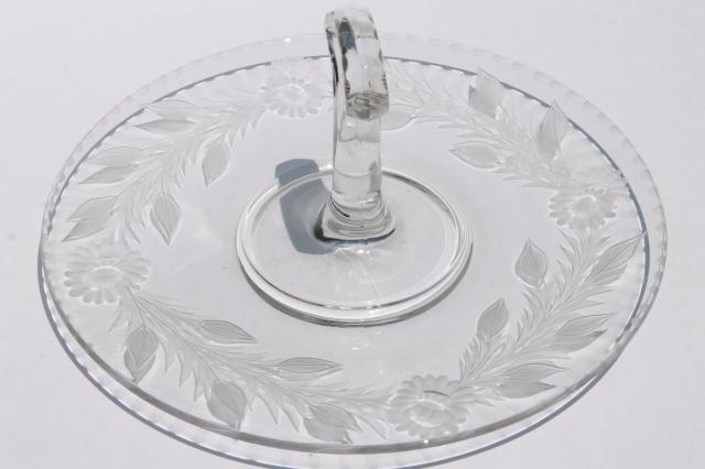 photo of vintage etched cut daisy wreath glass serving tray w/ center handle, sandwich or cake plate #8