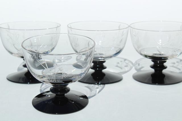 photo of vintage etched cut glass cocktail glasses, black stem & foot, crystal clear bowl #2