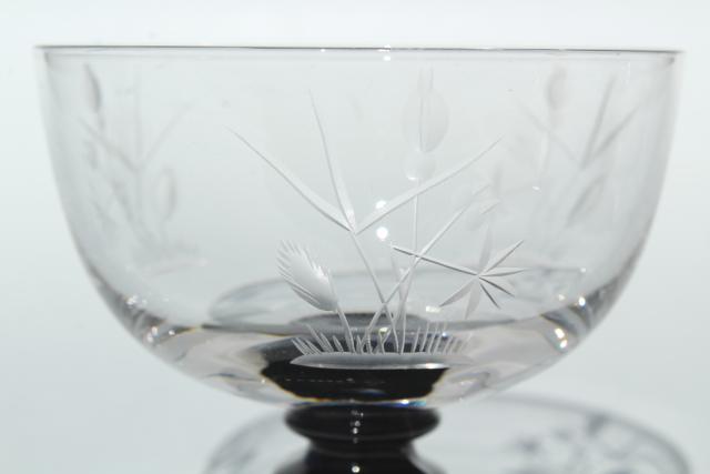 photo of vintage etched cut glass cocktail glasses, black stem & foot, crystal clear bowl #4