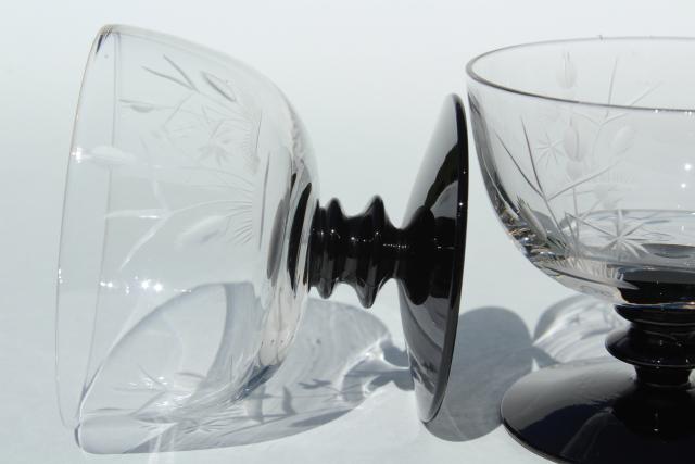 photo of vintage etched cut glass cocktail glasses, black stem & foot, crystal clear bowl #7