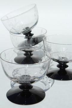 catalog photo of vintage etched cut glass cocktail glasses, black stem & foot, crystal clear bowl