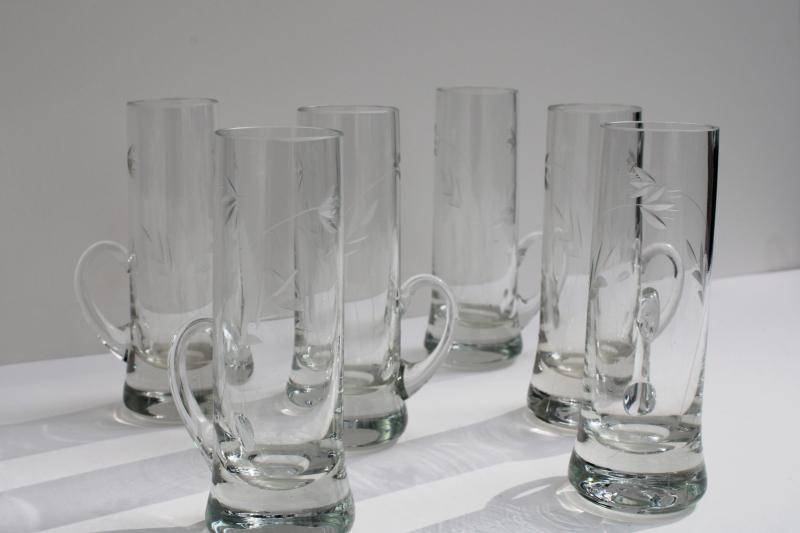 photo of vintage etched cut glass shooters, tall shot glasses w/ handles weighted bottom shots #1