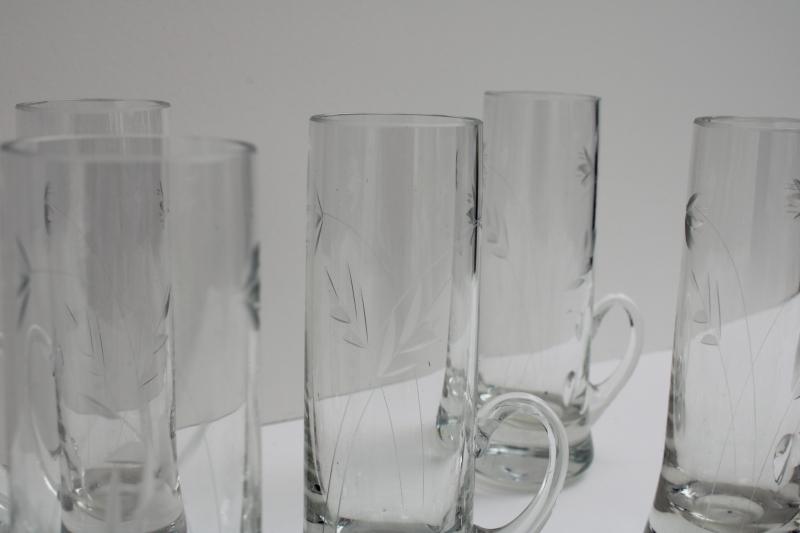 photo of vintage etched cut glass shooters, tall shot glasses w/ handles weighted bottom shots #2